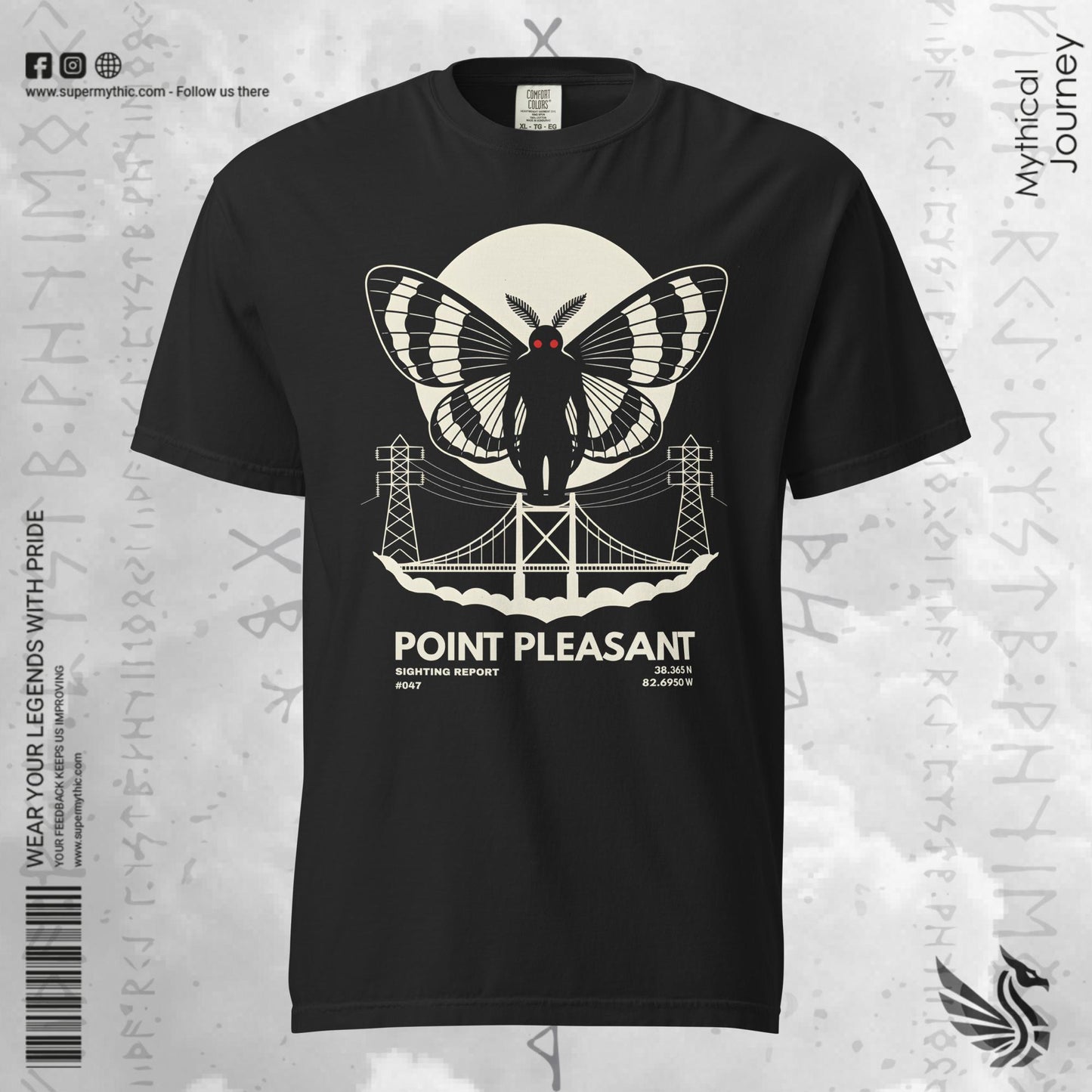 Mothman cryptid art on a black garment-dyed heavyweight unisex tee, front view