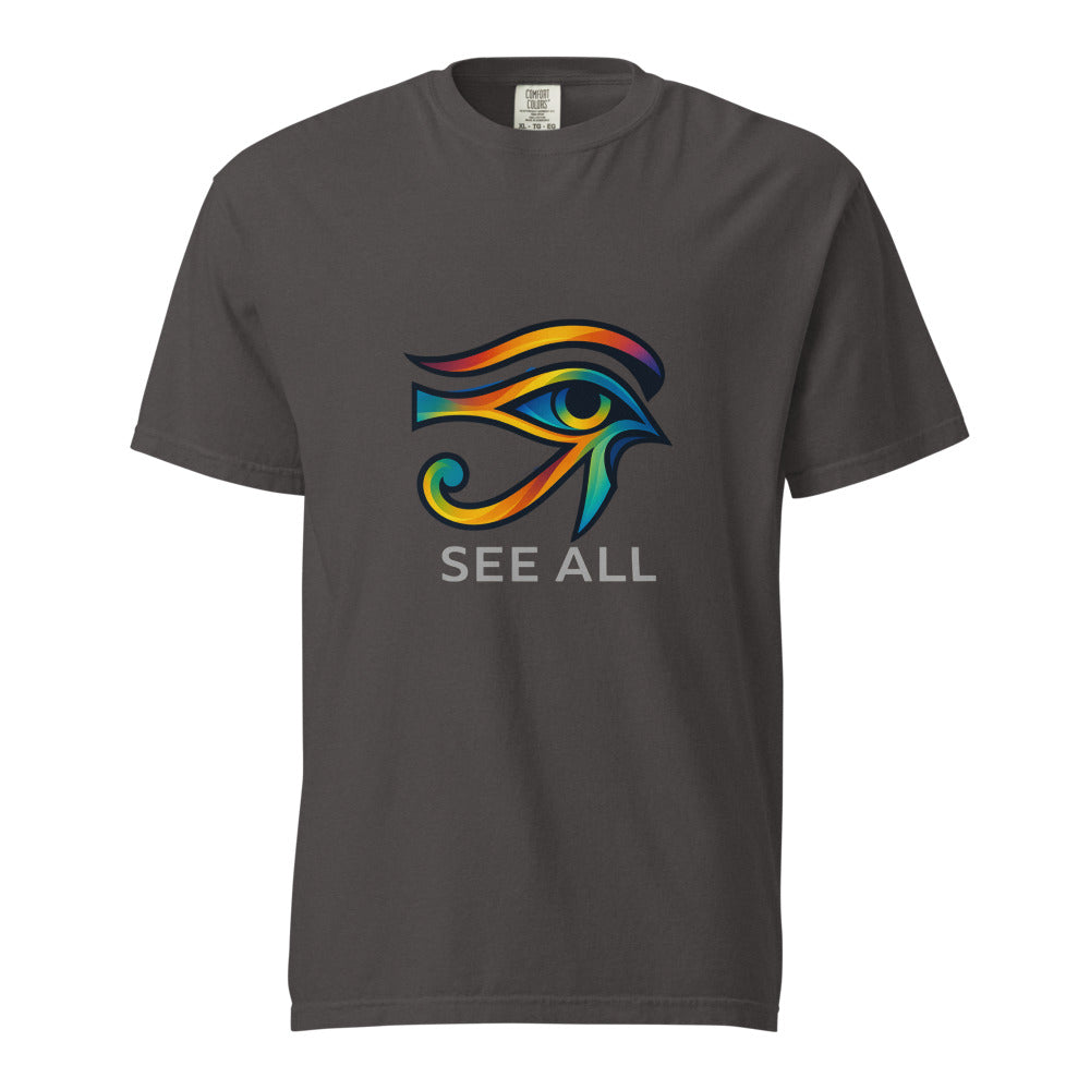 A full color rainbow Eye of Horus, the wedjat, above the words See All, on a graphite heavyweight Comfort Colors tee.