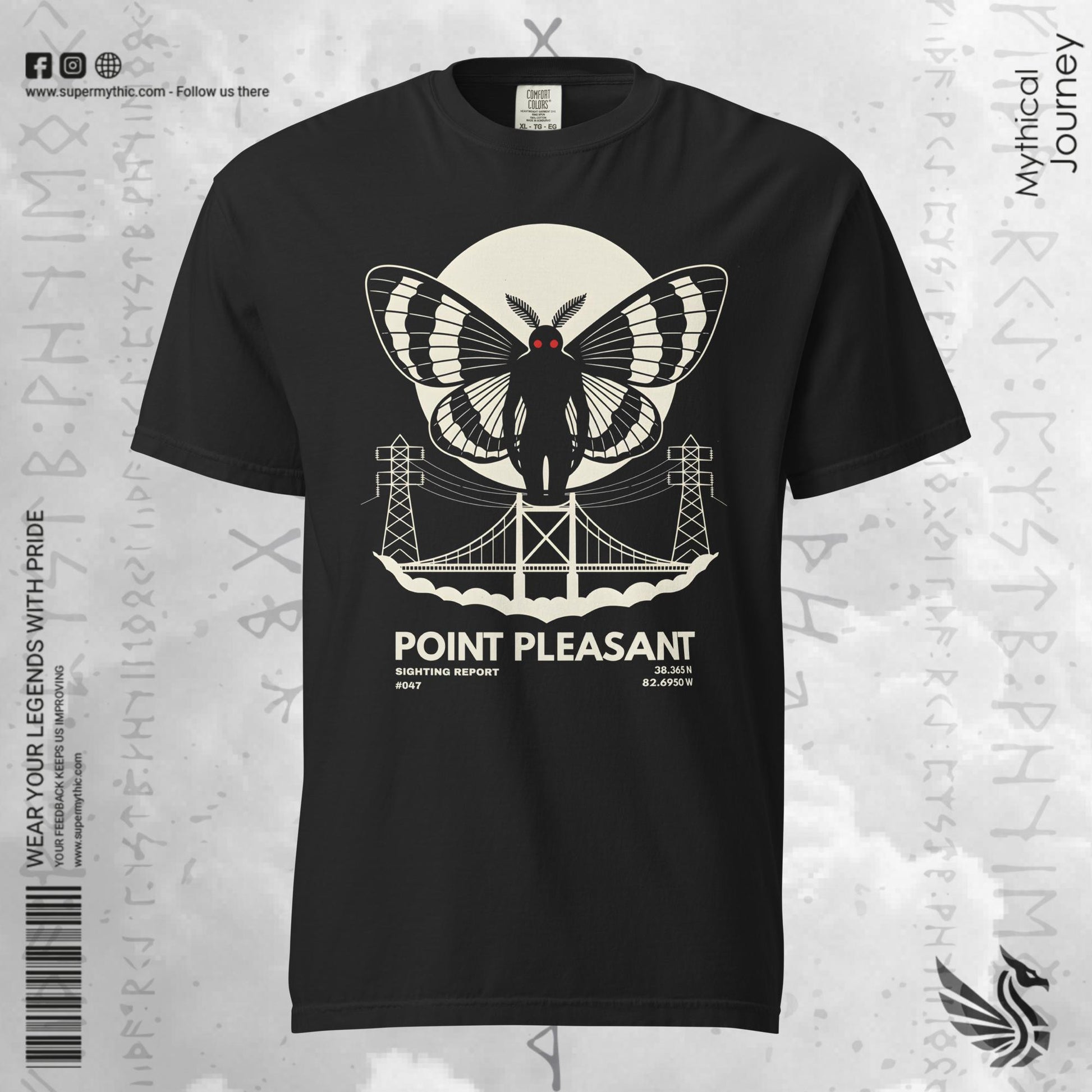 Mothman cryptid art on a black garment-dyed heavyweight unisex tee, front view