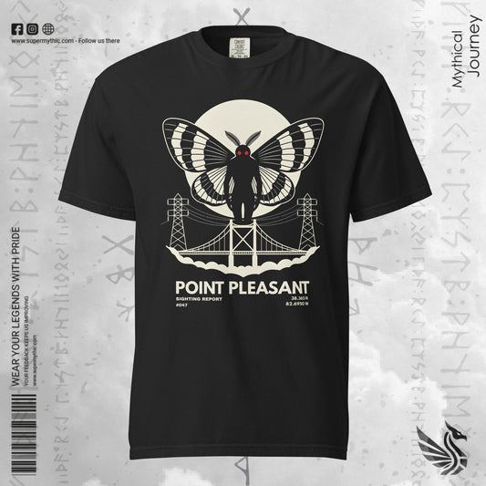Mothman cryptid art on a black garment-dyed heavyweight unisex tee, front view