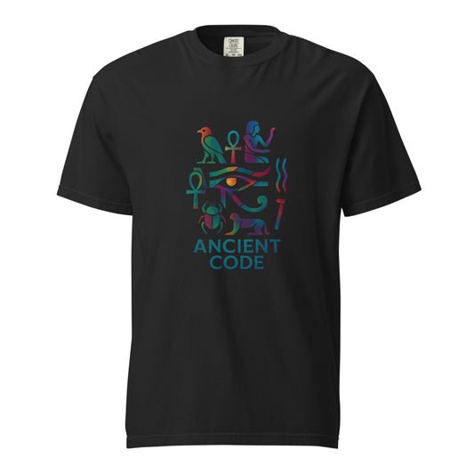 Egyptian hieroglyph collage in jewel tones, the Eye of Horus at center with the falcon of Horus, twin ankhs, a scarab, and a reclining sphinx above the words Ancient Code, on a black heavyweight Comfort Colors tee.