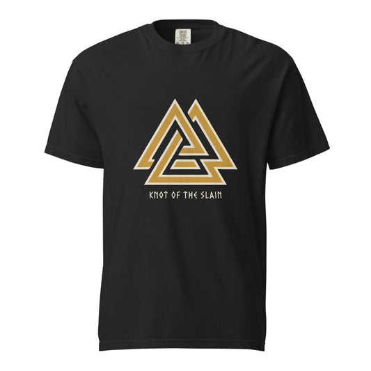 Valknut: Knot of the Slain design, on a black heavyweight Comfort Colors tee.