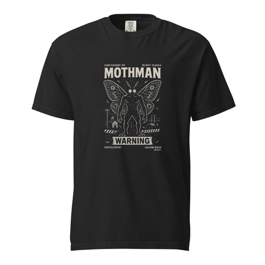 Mothman: The Warning design, on a black heavyweight Comfort Colors tee.