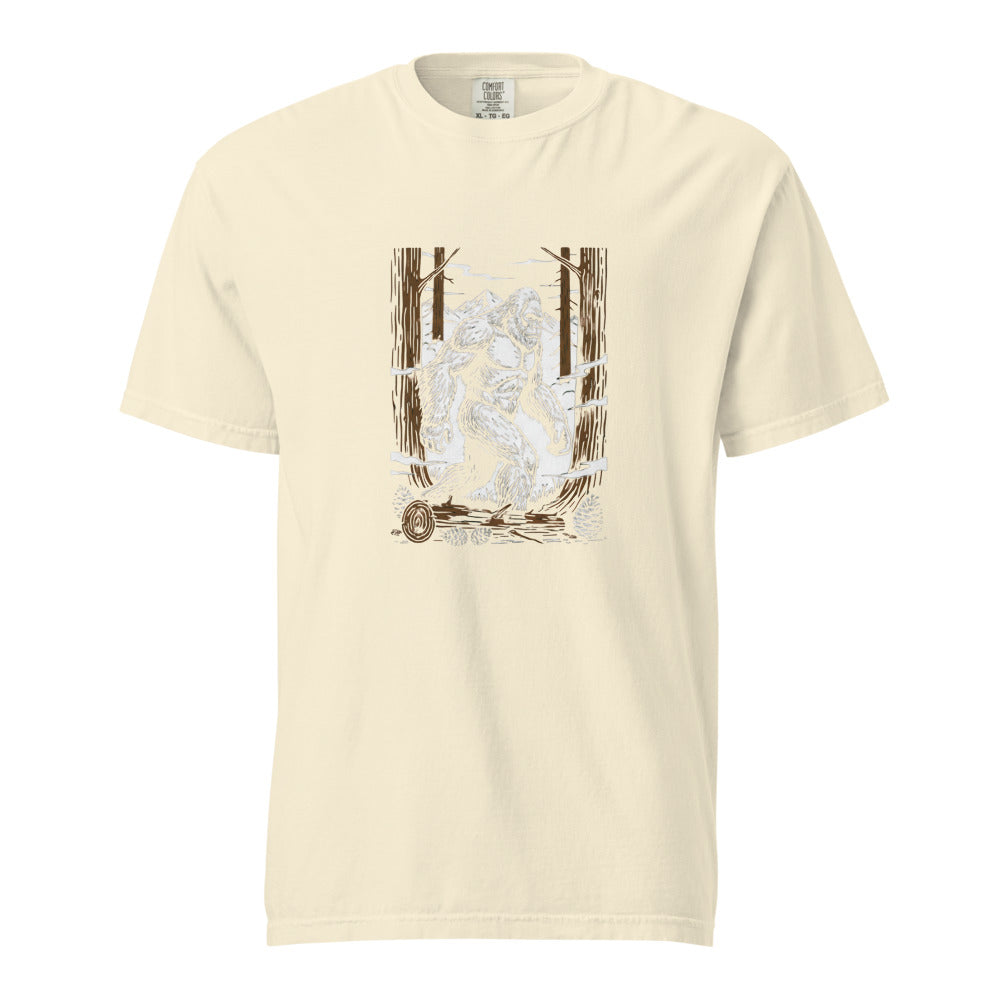 Bigfoot: The Forest Watcher design, on a ivory heavyweight Comfort Colors tee.