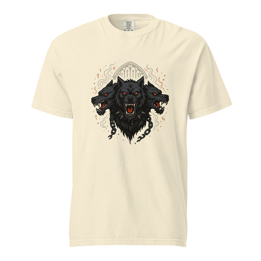 Cerberus: Hound of Hades design, on a ivory heavyweight Comfort Colors tee.
