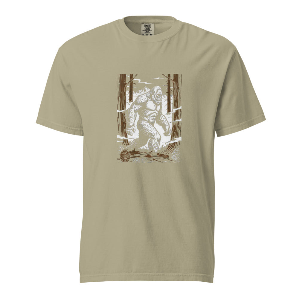 Bigfoot: The Forest Watcher design, on a khaki heavyweight Comfort Colors tee.