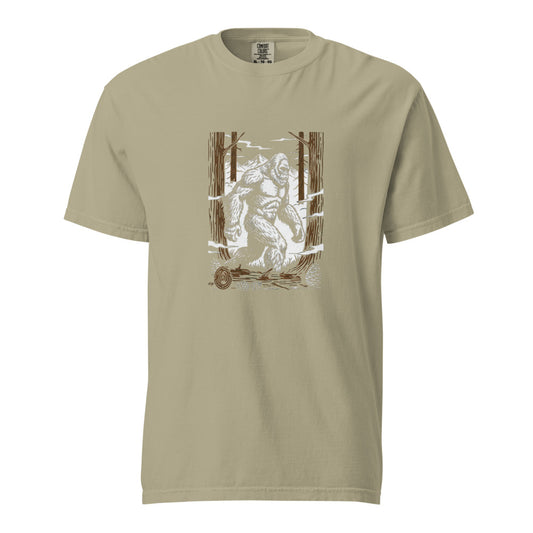 Bigfoot: The Forest Watcher design, on a khaki heavyweight Comfort Colors tee.